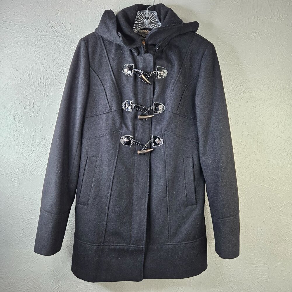 Guess Hooded Pea Coat Womens Medium Black Wool Blend Preppy Toggle Button Jacket